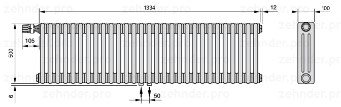 Схема (чертеж) Радиатор Zehnder Charleston 3050/29 №V007 Белый глянцевый RAL 9016